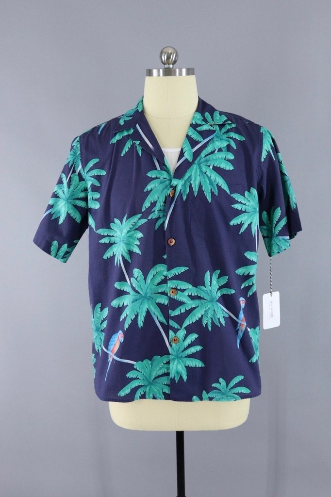 1980s Vintage Hawaiian Print Shirt / Blue Palm Trees &amp; Parrots - ThisBlueBird