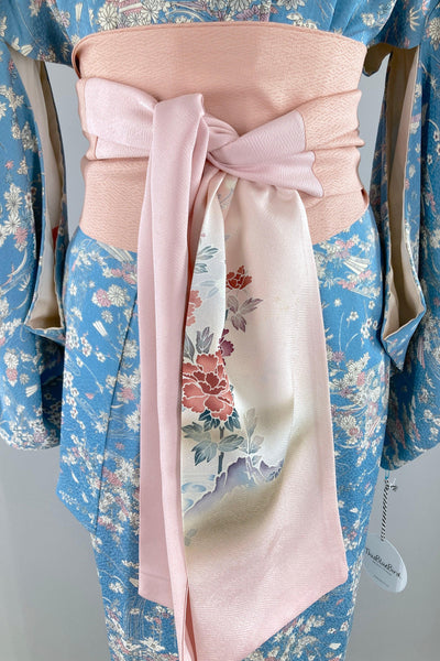 Vintage Blue & Pink Floral Silk Kimono Robe-ThisBlueBird