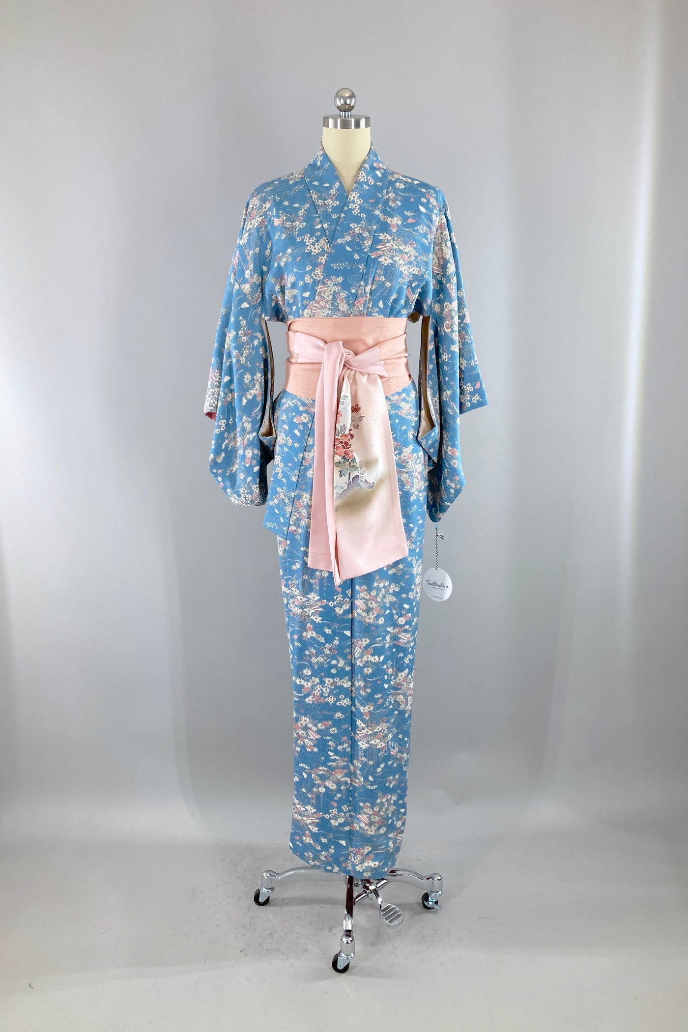 Vintage Blue & Pink Floral Silk Kimono Robe-ThisBlueBird