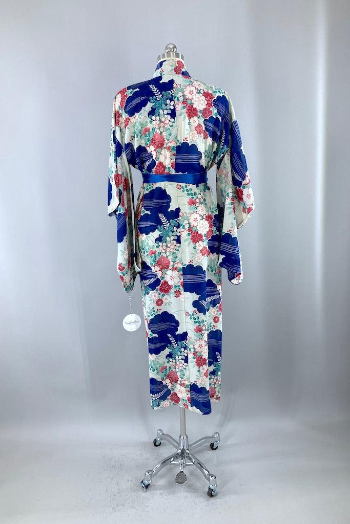 Vintage Blue & Pink Summer Silk Kimono Robe-ThisBlueBird