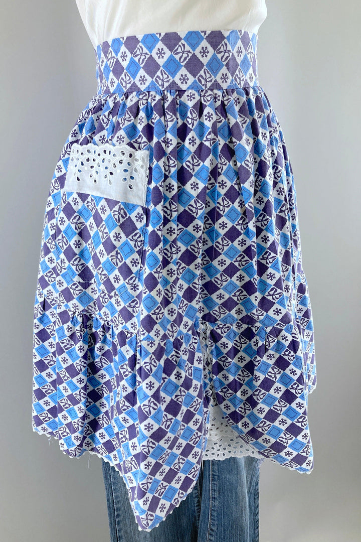 Vintage Blue &amp; Purple Cotton Half Apron-ThisBlueBird