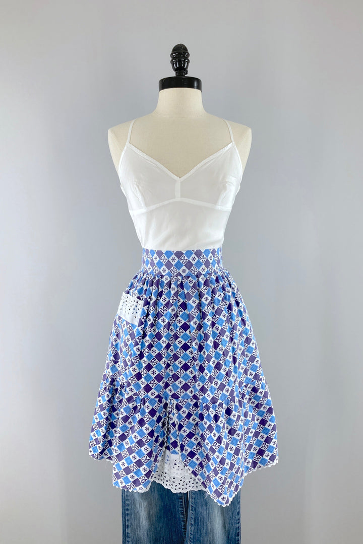 Vintage Blue &amp; Purple Cotton Half Apron-ThisBlueBird