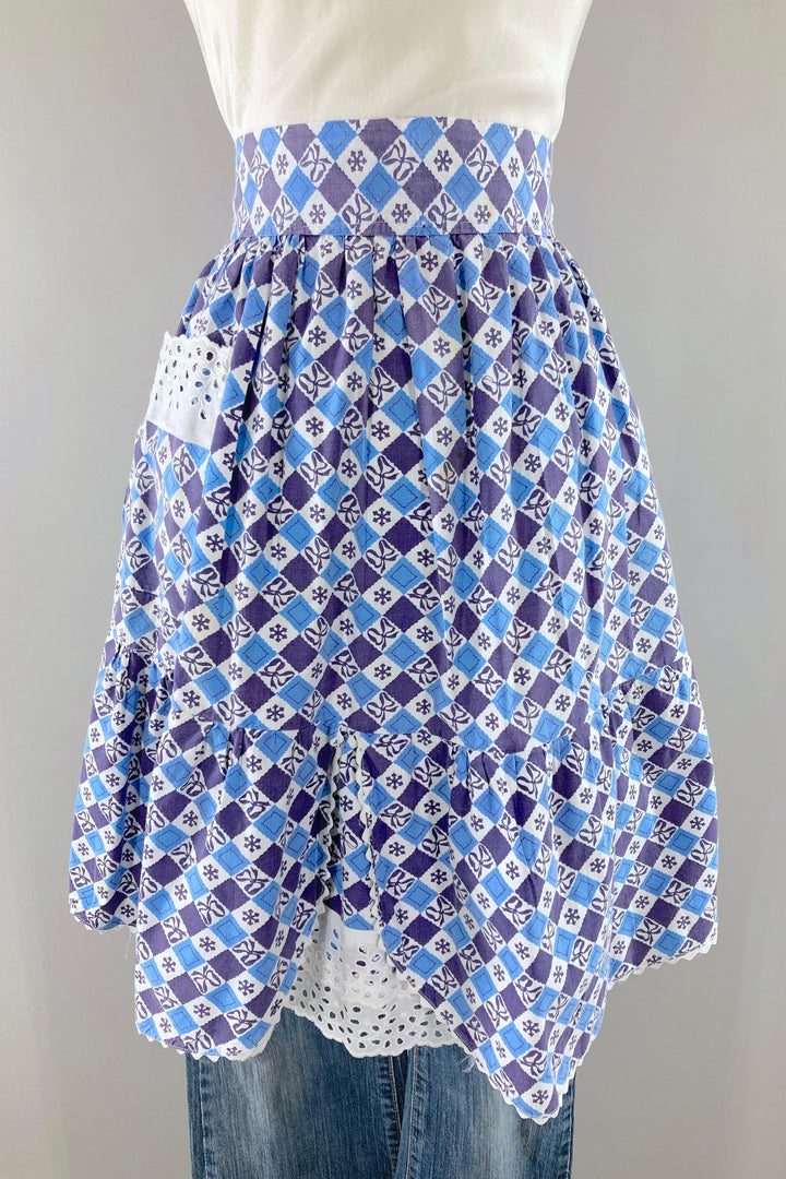 Vintage Blue &amp; Purple Cotton Half Apron-ThisBlueBird