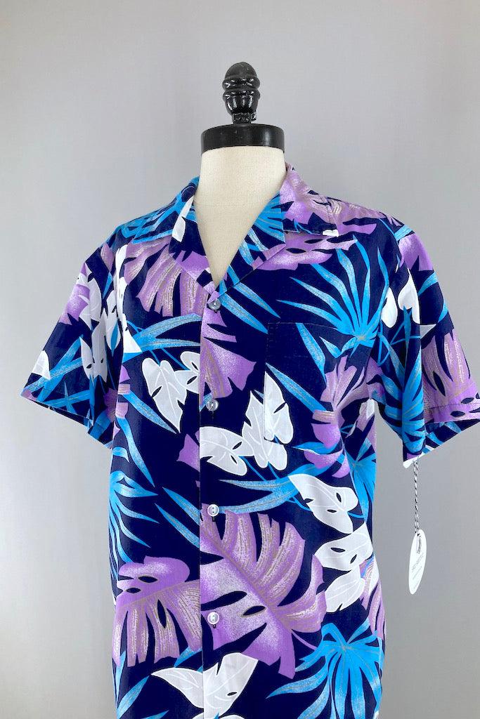 Vintage Blue &amp; Purple Hawaiian Print Shirt-ThisBlueBird