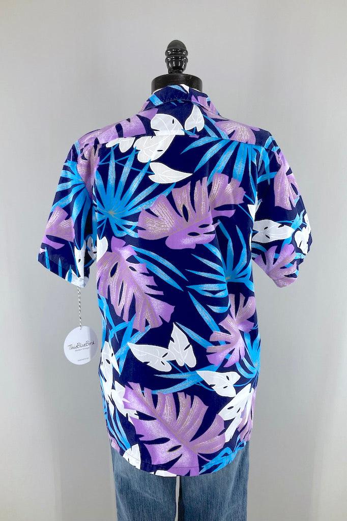Vintage Blue &amp; Purple Hawaiian Print Shirt-ThisBlueBird