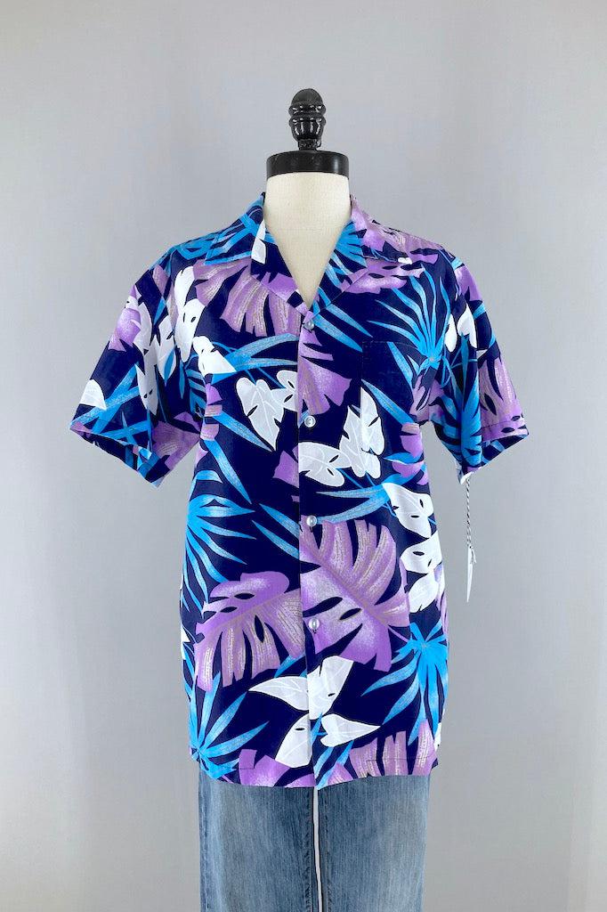 Vintage Blue &amp; Purple Hawaiian Print Shirt-ThisBlueBird