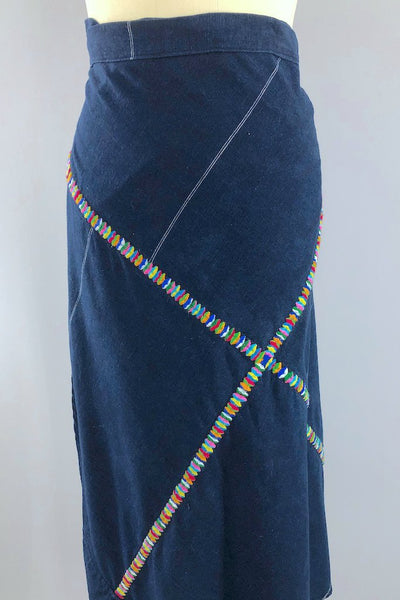 Vintage Blue Rainbow Embroidered Wrap Skirt-ThisBlueBird