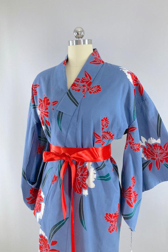 Vintage Blue & Red Orchid Print Cotton Yukata Kimono-ThisBlueBird