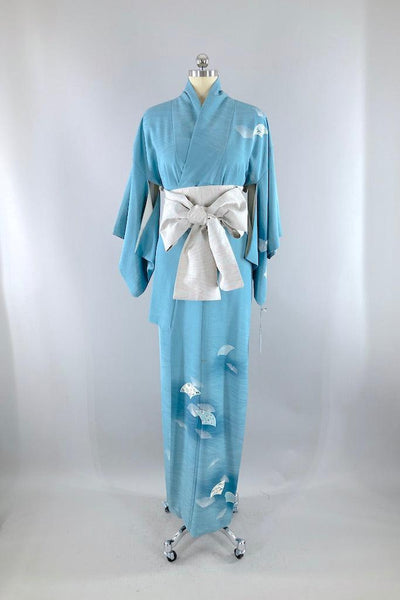 Vintage Blue Retro Fans Silk Kimono-ThisBlueBird