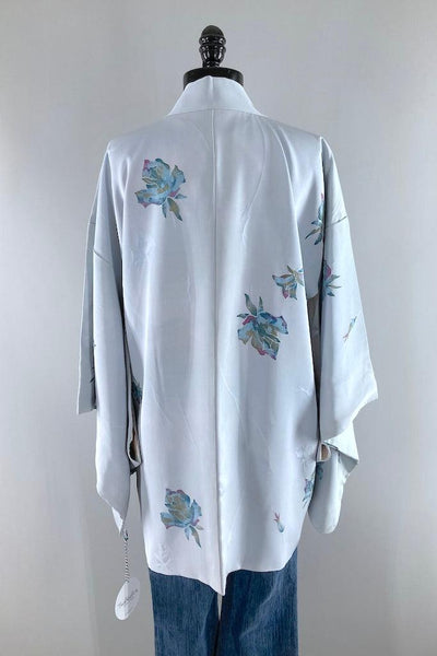 Vintage Blue Roses Silk Kimono Cardigan-ThisBlueBird