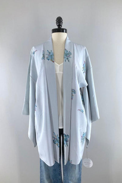 Vintage Blue Roses Silk Kimono Cardigan-ThisBlueBird