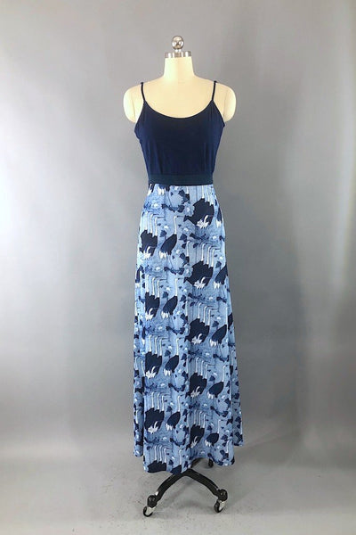 Vintage 1970s Blue Sandhill Cranes Maxi Skirt-ThisBlueBird - Modern Vintage