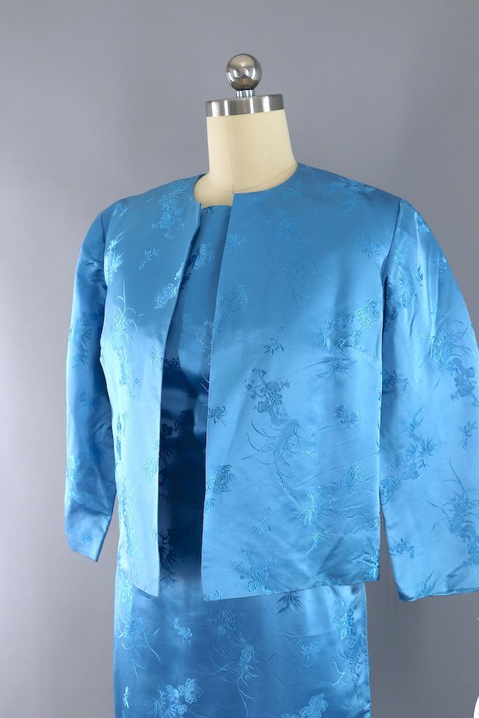 Vintage 1960s Blue Satin Dress and Jacket Set-ThisBlueBird - Modern Vintage