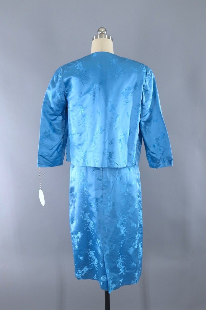 Vintage 1960s Blue Satin Dress and Jacket Set-ThisBlueBird - Modern Vintage