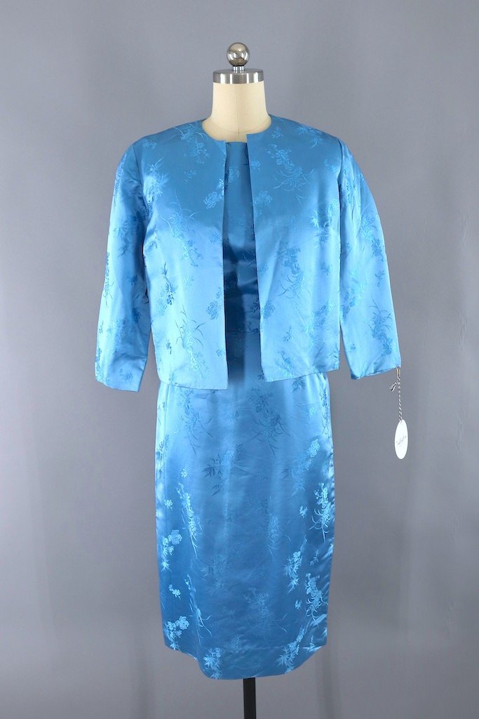 Vintage 1960s Blue Satin Dress and Jacket Set-ThisBlueBird - Modern Vintage