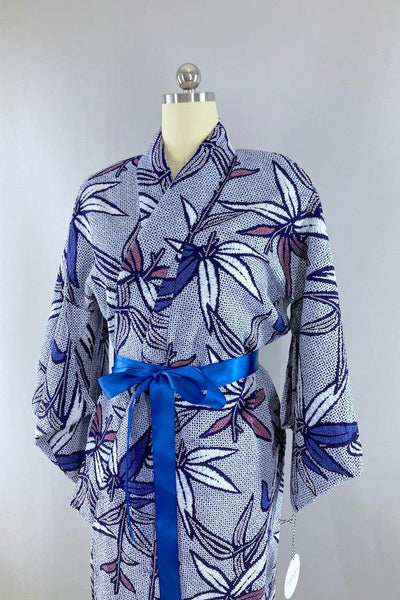Vintage Blue Shibori Floral Cotton Yukata Kimono-ThisBlueBird