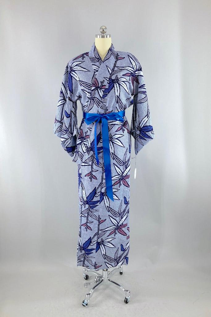 Vintage Blue Shibori Floral Cotton Yukata Kimono-ThisBlueBird