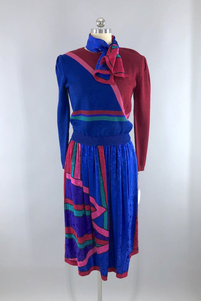 Vintage Blue Silk Sweater & Skirt Set-ThisBlueBird - Modern Vintage