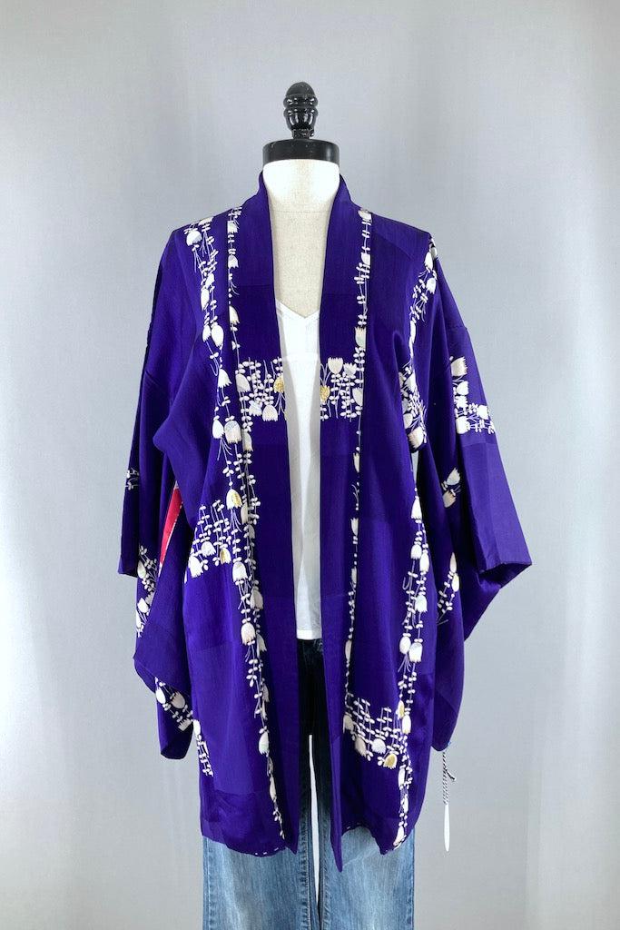 Vintage Blue Tulips Silk Kimono Cardigan-ThisBlueBird