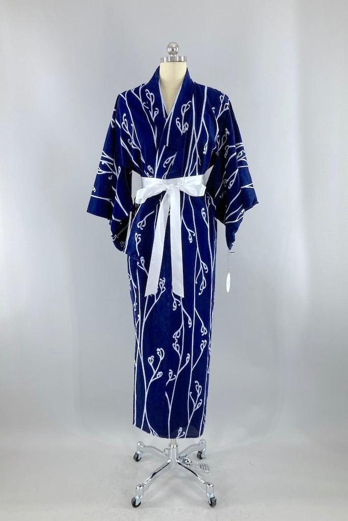 Vintage Blue Vines Print Cotton Yukata Kimono-ThisBlueBird
