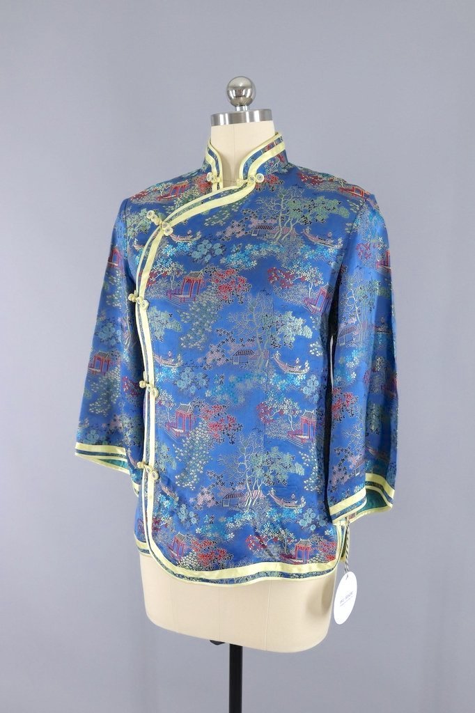 Vintage Blue &amp; Yellow Satin Brocade Asian Blouse-ThisBlueBird