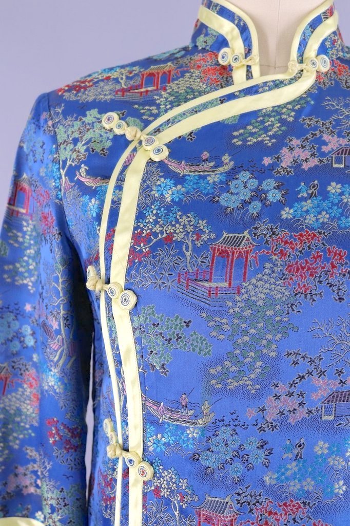 Vintage Blue &amp; Yellow Satin Brocade Asian Blouse-ThisBlueBird