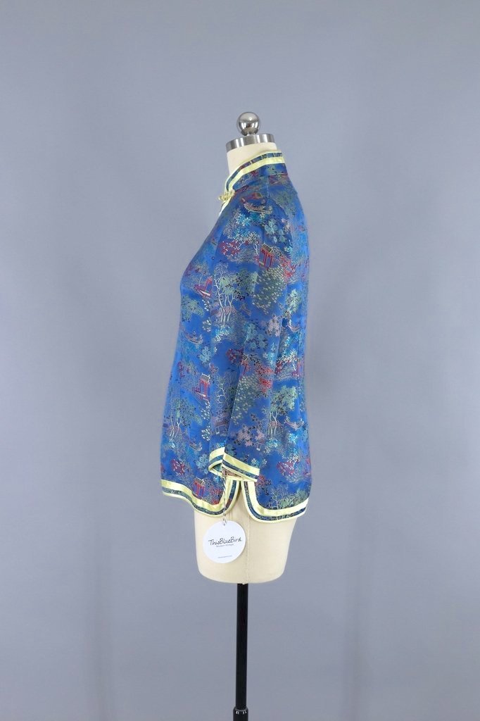 Vintage Blue &amp; Yellow Satin Brocade Asian Blouse-ThisBlueBird