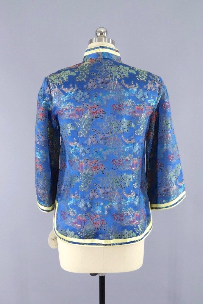 Vintage Blue &amp; Yellow Satin Brocade Asian Blouse-ThisBlueBird