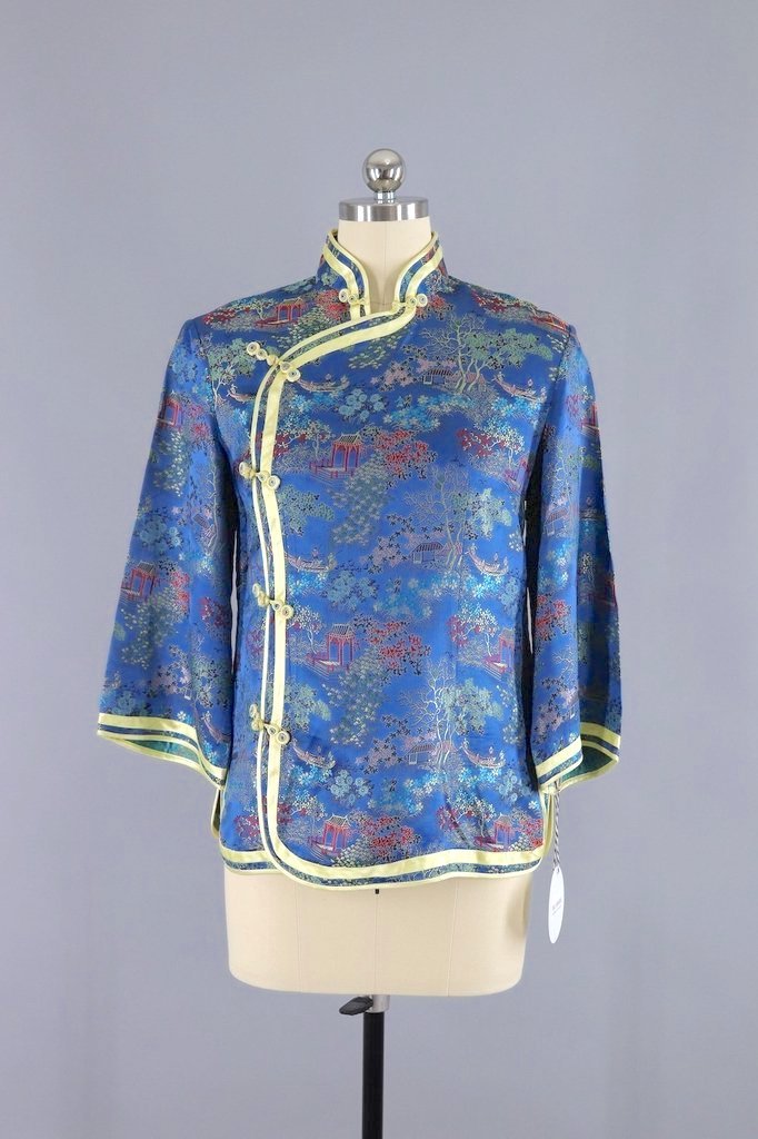 Vintage Blue & Yellow Satin Brocade Asian Blouse-ThisBlueBird