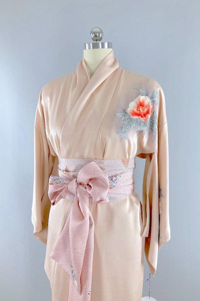 Vintage Blush Red Floral Silk Kimono Robe-ThisBlueBird