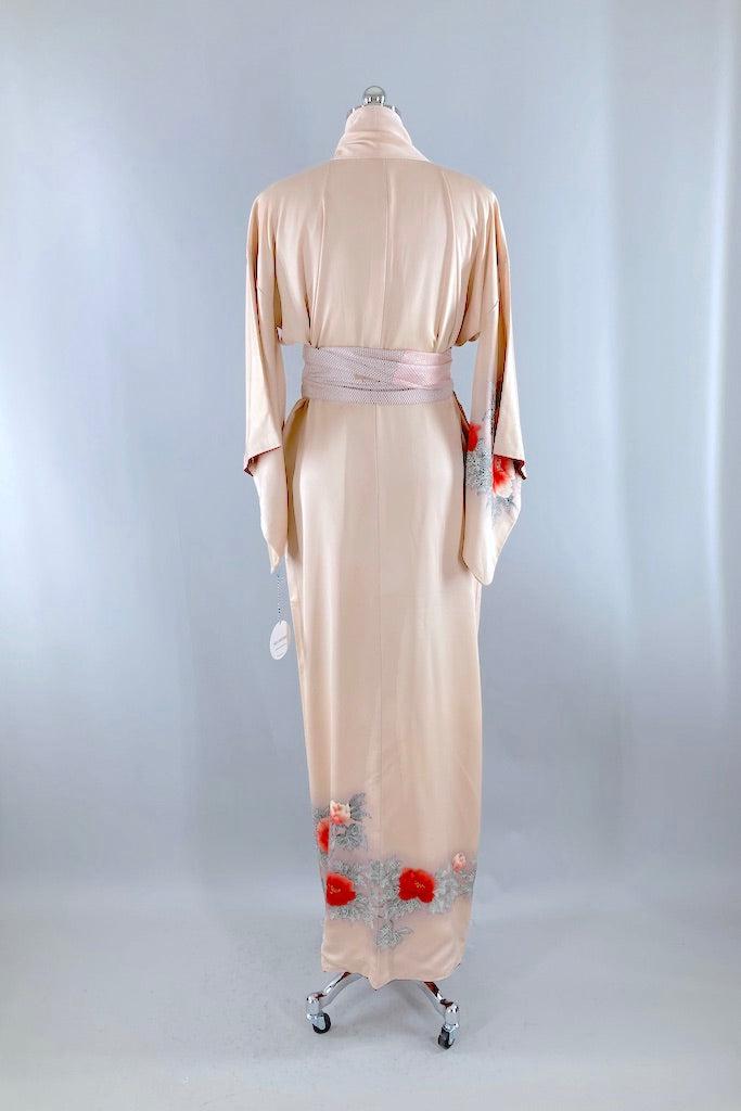 Vintage Blush Red Floral Silk Kimono Robe-ThisBlueBird