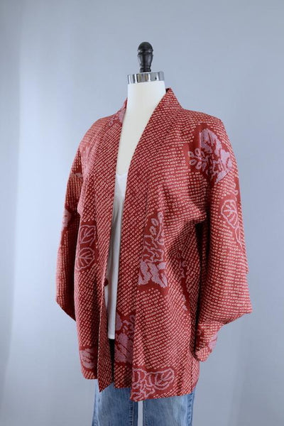 Vintage Silk Kimono Cardigan / Brick Red Shibori - ThisBlueBird