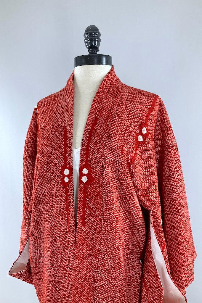 Vintage Brick Red Shibori Silk Kimono Cardigan-ThisBlueBird