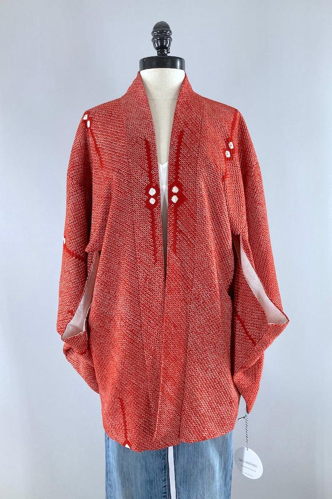 Vintage Brick Red Shibori Silk Kimono Cardigan-ThisBlueBird