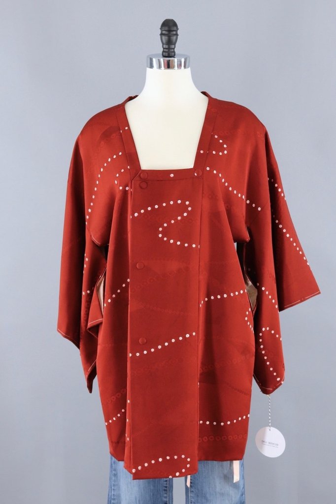 Vintage Silk Michiyuki Kimono Coat / Brown and Ivory Shibori Dots - ThisBlueBird