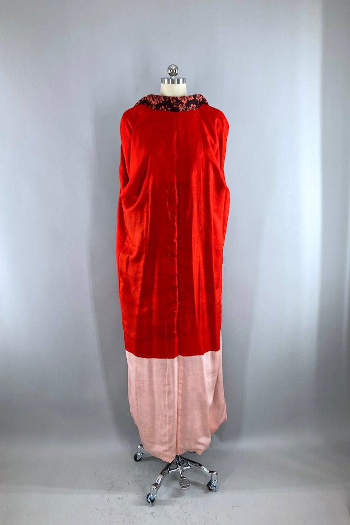 Vintage Brown & Coral Floral Silk Kimono Robe-ThisBlueBird