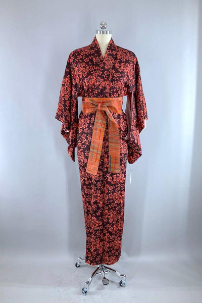 Vintage Brown & Coral Floral Silk Kimono Robe-ThisBlueBird