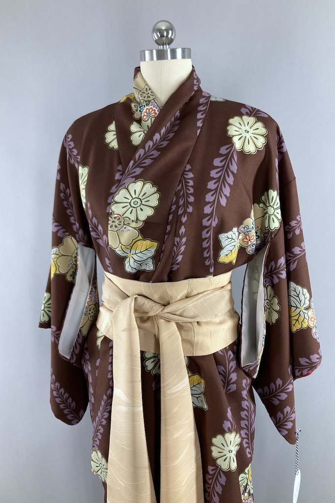 Vintage Brown Floral Print Kimono Robe-ThisBlueBird