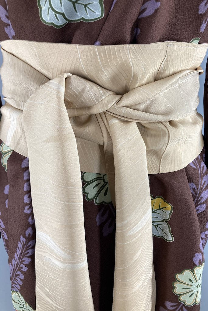 Vintage Brown Floral Print Kimono Robe-ThisBlueBird
