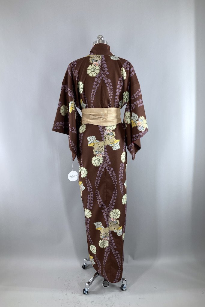 Vintage Brown Floral Print Kimono Robe-ThisBlueBird