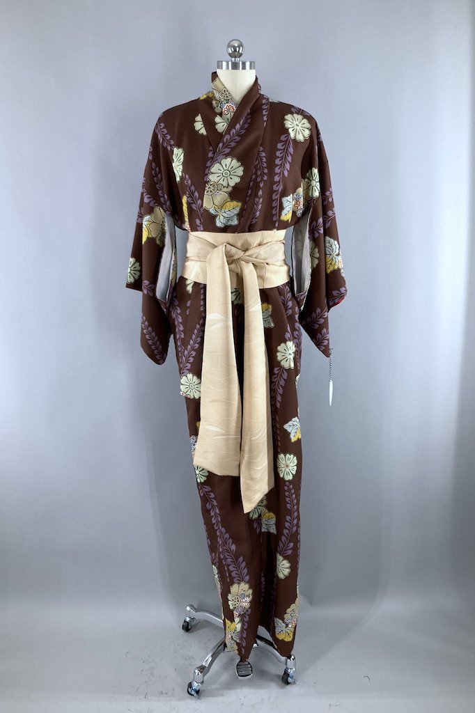 Vintage Brown Floral Print Kimono Robe-ThisBlueBird
