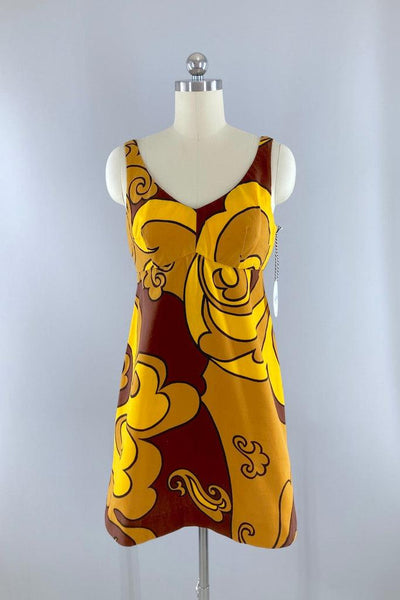 Vintage Brown & Gold Hawaiian Mini Dress-ThisBlueBird