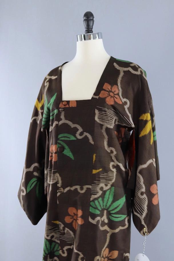 Vintage Silk Kimono Jacket / Brown &amp; Orange Ikat Floral - ThisBlueBird
