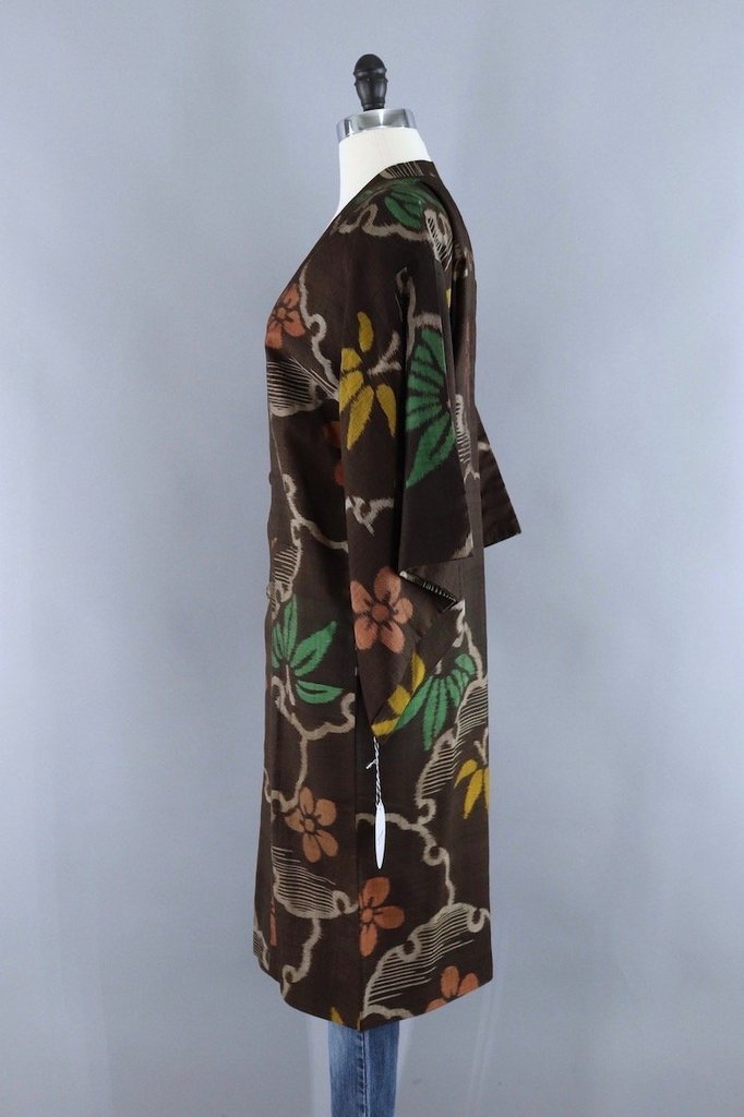 Vintage Silk Kimono Jacket / Brown &amp; Orange Ikat Floral - ThisBlueBird