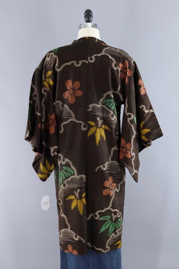Vintage Silk Kimono Jacket / Brown &amp; Orange Ikat Floral - ThisBlueBird