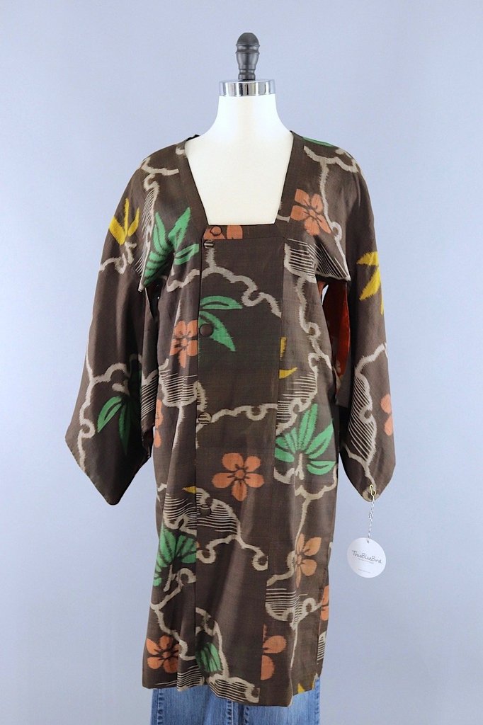 Vintage Silk Kimono Jacket / Brown & Orange Ikat Floral - ThisBlueBird
