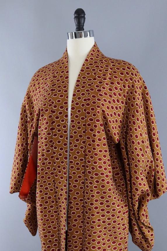 Vintage Silk Kimono Cardigan / Brown & Red Dots - ThisBlueBird