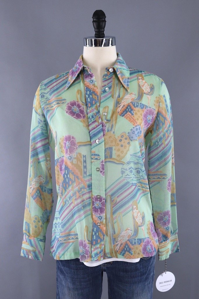Vintage Cactus Print Blouse-ThisBlueBird - Modern Vintage