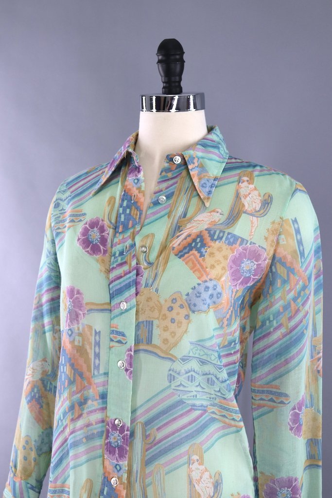 Vintage Cactus Print Blouse-ThisBlueBird - Modern Vintage