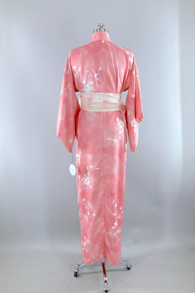 Vintage Candy Pink Satin Floral Kimono Robe-ThisBlueBird